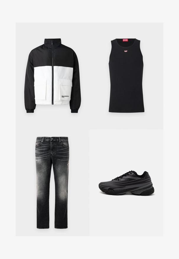 Color-blocked jacket with a black upper section and white lower section. Features a high collar, front zipper, and two front pockets.; Black tank top made of smooth fabric, featuring a round neckline, armholes, and a small red logo on the chest. Simple design, sleeveless.; Black jeans featuring a faded finish with distressed accents, standard five-pocket design, and a zip-fly closure. Made of denim fabric.; Black running shoe with a textured upper featuring gray stripes. Thick sole for cushioning, round toe, and flat laces for secure fit.