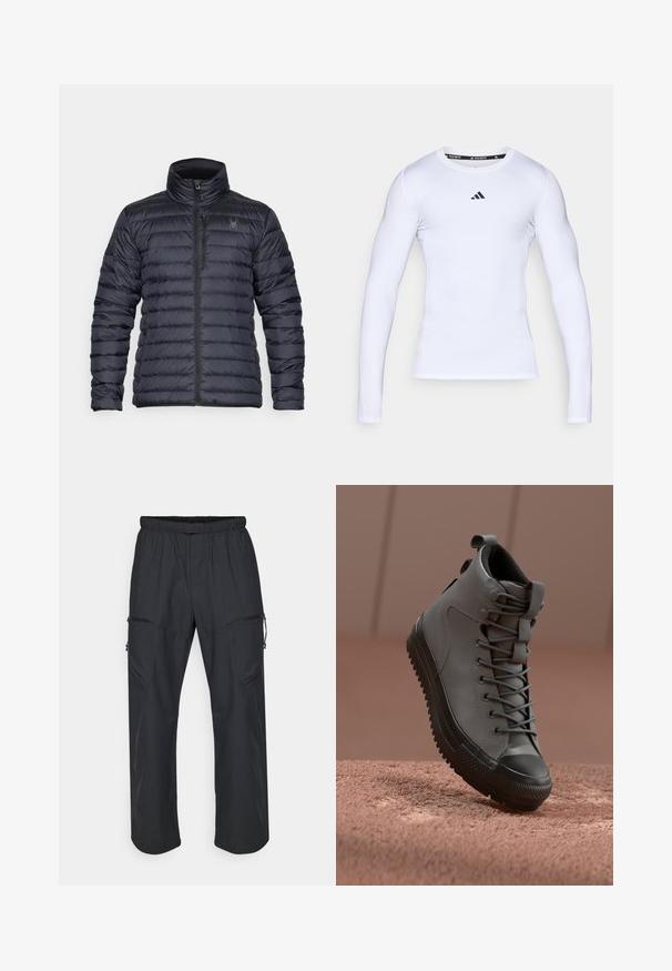 Puffermantel in dunkelmarineblau, mit durchgehendem Reißverschluss, hohem Kragen und horizontaler Steppung. Enthält seitliche Taschen und ein dezentes Logo-Detail.; Weißes, langärmliges Sportshirt aus elastischem Stoff mit rundem Halsausschnitt und schwarzem Adidas-Logo auf der Brust.; Schwarze Cargo-Hosen mit elastischem Bund, zwei Reißverschlusstaschen und einem leichten, glatten Stoffgefühl.; Hochschuh aus grauem Leder mit strukturierter Oberfläche, schwarzer Gummispitze und grauen Schnürsenkeln. Verfügt über eine Zuglasche an der Ferse.