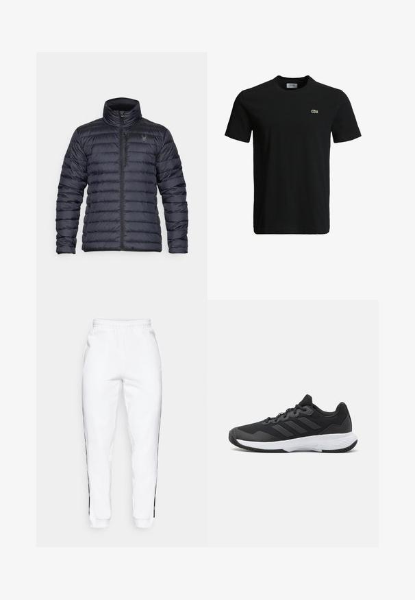 Warm gewatteerde jas in donker marineblauw, met een rits aan de voorkant, een hoge kraag en horizontale quilting. Bevat zijzakken en een subtiel logo-detail.; Zwart katoenen t-shirt met een ronde hals, korte mouwen en een klein groen krokodillenlogo op de linkerborst. Vloeiende textuur, casual ontwerp.; Witte sweatpants met elastische tailleband, voorzien van zwarte zijkanten en boorden. Gemaakt van zacht materiaal met een gladde textuur.; Zwarte sportieve schoen met een gestructureerde bovenkant, drie horizontale strepen en een witte zool met een gepatternde loopvlak. Lichtgewicht en gestroomlijnd ontwerp.