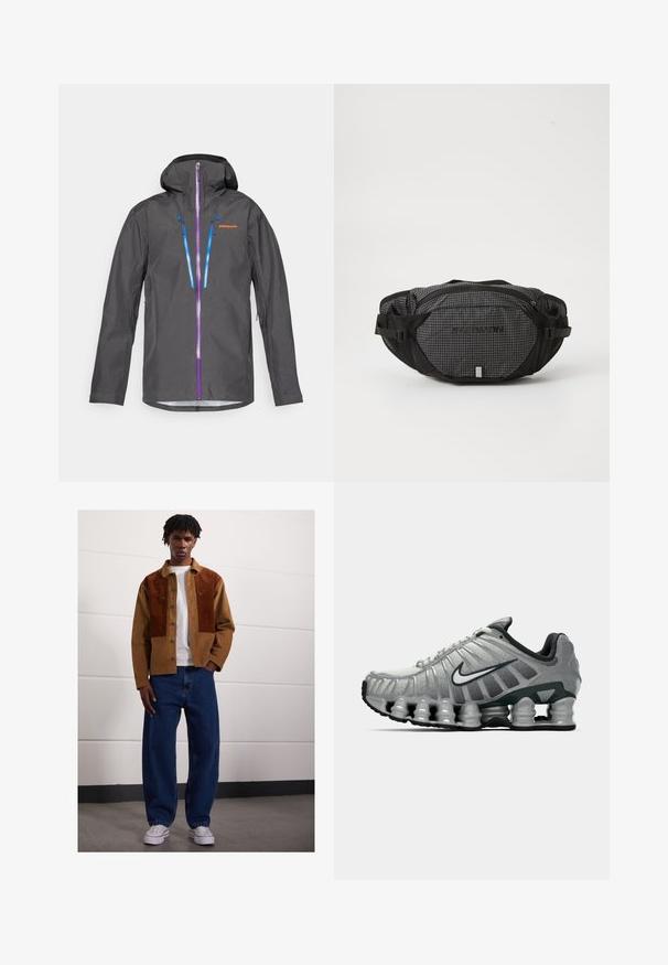 Grå vandtæt jakke med hætte, der har lilla og blå lynlåse, justerbare snoretræk og et logo på brystet.; The North Face M GLACIER FLEECE 1/4 ZIP JACKET - Fleecetrøjer - grey heather; Mand, der står indendørs iført en brun cordurojjakke med rustfarvede pletter, hvid t-shirt, løse blå jeans og hvide sneakers.; Grå og sort Nike løbesko med synlig fjederlignende dæmpning under sålen og et hvidt swoosh-logo på siden.; Sort og grå bæltetaske med mønster i ruder, justerbare stropper, to lynlåslommer og et brandlogo på fronten.