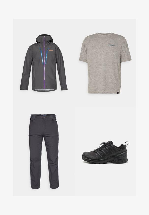 Grijze waterdichte jas met een capuchon, voorzien van paarse en blauwe ritsen, verstelbare koordjes en een logo op de borst.; Grijze T-shirt met korte mouwen, gemaakt van zachte, gestructureerde stof, met een klein blauw Patagonia-logo op de linkerkant van de borst. Geen extra patronen.; Donkergrijze broek van duurzaam materiaal, met een ritssluiting zak, rechte snit en lussen voor een verstelbare pasvorm.; Zwarte sportieve schoen met een gestructureerde synthetische bovenkant, een gevoerde zool en een snelvetersysteem. Heeft een verstevigde neus en hiel.