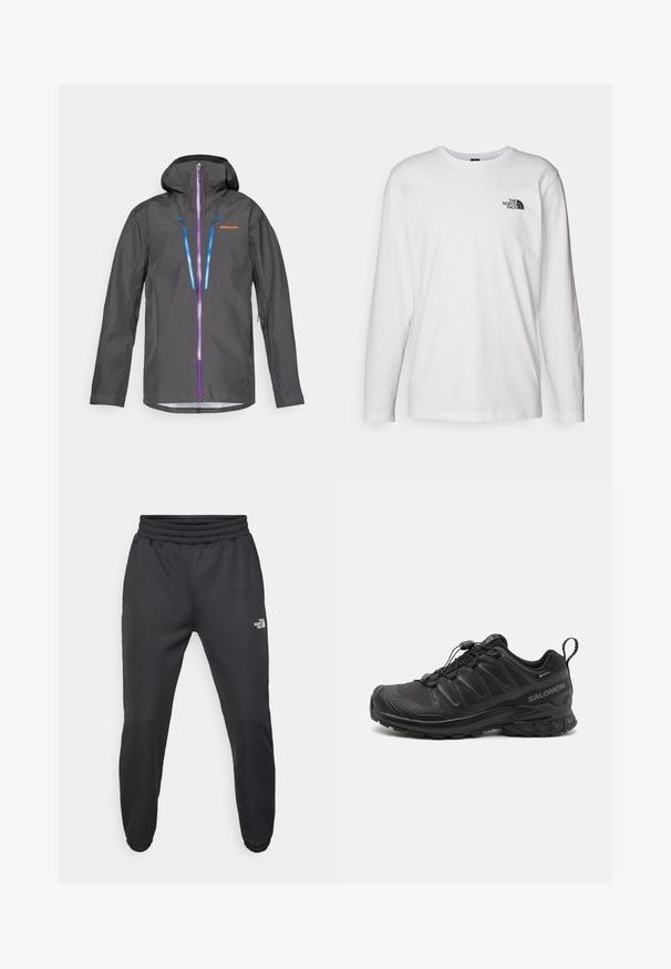 Grå vandtæt jakke med hætte, der har lilla og blå lynlåse, justerbare snoretræk og et logo på brystet.; Hvid langærmet T-shirt lavet af bomuld med rund hals. Har et lille sort logo på brystet. Glat tekstur, almindelig pasform.; Sorte sweatpants med snor i livet, tætsiddende pasform, elastiske manchetter og et lille hvidt logo på venstre lår, lavet af glat stof.; Sort atletik sko med en struktureret syntetisk overdel, polstret sål og et hurtiglukkesystem. Har forstærket tå og hæl.