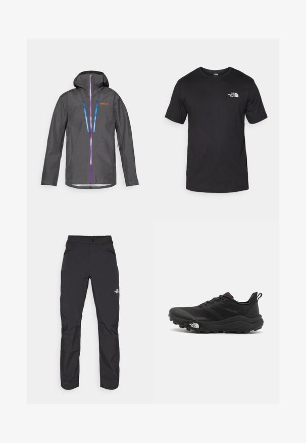 Hallikses hall veekindel jope kapuutsiga, millel on lilla ja sinine lukud, reguleeritavad nöörid ja logo rinnal.; Must have lühikeste varrukatega must T-särk, mis on valmistatud puuvillast, ümmarguse kaelusega ja väikese valge logoga vasakus ülanurgas.; Mustad mustad püksid, millel on lukuga eesmine tasku, sünteetilisest materjalist, kitsenevad jalad ja tugevdatud põlvepaneelid. Omab nööbiga sulgemist.; Must tume jooksujalats musta värvi, tekstuurse ülemise osaga, kummist tallaga ja tugevdatud varbaga. Omab pehmendusega krae ja tõmblinti mugavaks selga panemiseks.