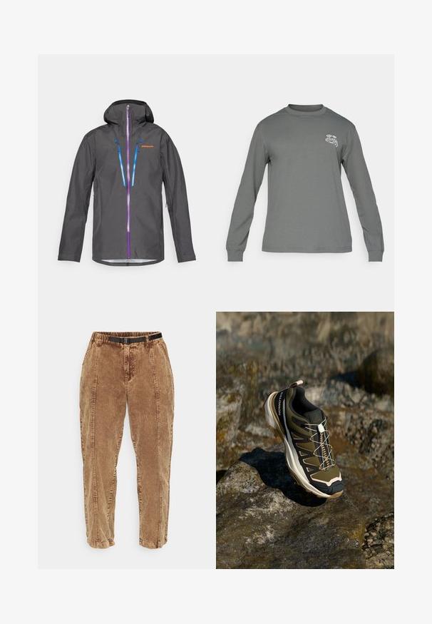 Grau wasserfeste Jacke mit Kapuze, ausgestattet mit lila und blauen Reißverschlüssen, verstellbaren Zugbändern und einem Logo auf der Brust.; Langarmshirt aus grauem Stoff, mit Rundhalsausschnitt und einem weißen Grafiklogo auf der linken Brust. Glatte Textur und einfaches Design.; Braune Cordhosen mit einer strukturierten Oberfläche, ausgestattet mit einem schwarzen verstellbaren Gürtel, Seitentaschen und einer lässigen Passform. Die Hosen laufen zu den Knöcheln hin zusammen.; Wanderschuh in Olivgrün und Schwarz mit pinken Akzenten. Verfügt über ein strukturiertes Obermaterial, eine flexible Sohle, eine verstärkte Zehenkappe und ein farbenfrohes Schnürsystem.