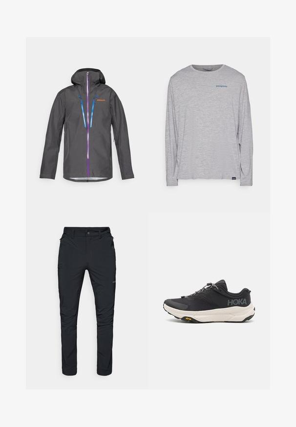 Casaco impermeável cinza com capuz, apresentando fechos roxos e azuis, cordões ajustáveis e um logo no peito.; T-shirt de mangas longas cinza claro, feito de um tecido suave e texturizado. Apresenta um decote redondo e um pequeno logotipo azul da Patagonia no peito.; Calças de exterior pretas com um corte reto, com bolsos com fecho, passantes para cinto e uma textura de tecido leve e durável.; Sapatilha atlética preta com parte superior texturizada, detalhes cinzentos, elementos refletivos e uma sola branca espessa com a marca Vibram.