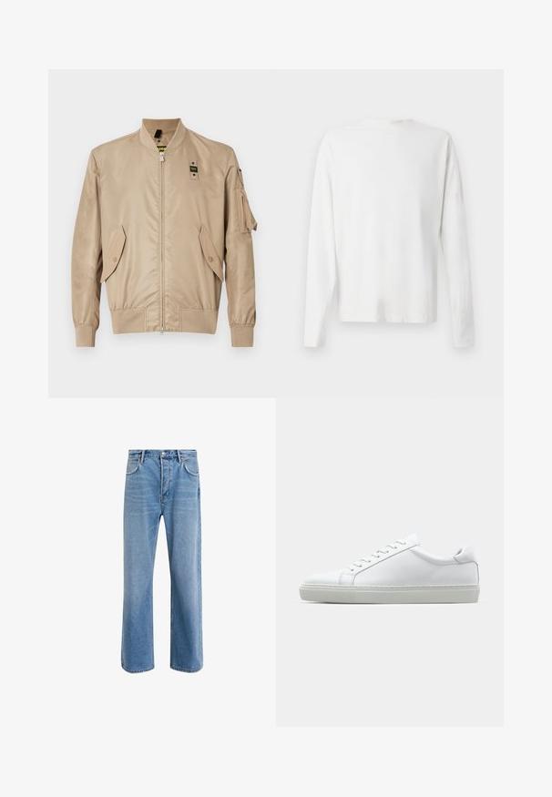 Beige Bomberjacke mit Reißverschluss vorne, gerippten Bündchen, zwei seitlichen Taschen und einer Armtasche. Glattes Material mit einem leicht glänzenden Finish.; Langärmliges weißes Baumwollhemd mit rundem Ausschnitt, seitlichen Schlitzen am unteren Rand und glatter Textur, von hinten präsentiert.; Helle blaue Jeans im Geradeschnitt-Design, mit fünf Taschen, Knopfverschluss, minimaler Ausbleichung und kontrastierenden Nähdetails.; Weißer Sneaker mit glattem Lederobermaterial und niedrigem Profil. Verfügt über eine runde Zehenpartie, sechs Ösen und eine strukturierte Gummisohle.