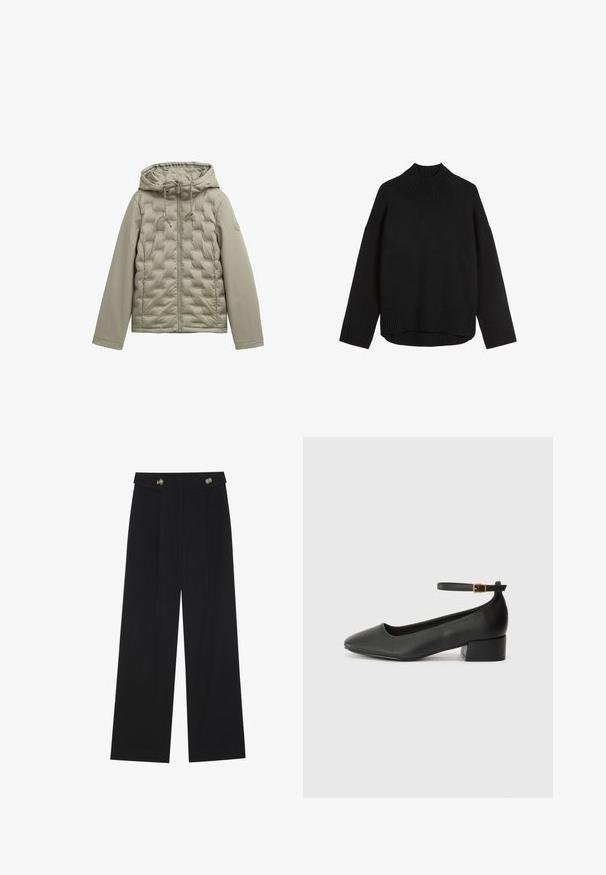 Svetlozelena puhasta jakna z zadrgo spredaj, kapuco in prešitim dizajnom. Gladko blago na rokavih, vrvici pri kapuci in okrogla oznaka.; Črn pleten pulover z visokim rebrastim ovratnikom, sproščenim krojem, spuščenimi rameni in rebrastim robom. Mehka tekstura, minimalističen dizajn.; Črne široke hlače s visokim pasom, gumbnimi detajli na pasu in sprednjimi gubami.; Črne usnjene pumpice z nazobčanimi prsti in nizko blokasto peto. Imajo trak okoli gležnja z zaponko v zlatem tonu. Gladka tekstura.