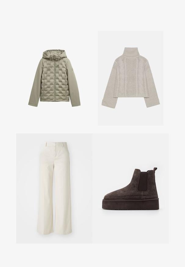 Jasnozielona kurtka puchowa z zamkiem z przodu, kapturem i pikowanym wzorem. Gładki materiał na rękawach, sznurki przy kapturem oraz okrągły detal z logo.; Skórzana szara sweter z wysokim kołnierzem i ściągaczami, z teksturowanymi wzorami w warkocze z tyłu i po bokach.; Spodnie o szerokich nogawkach w jasnobeżowym kolorze, wykonane z gładkiego materiału. Posiadają klasyczny pas i płaski przód z czystymi liniami.; Brązowe zamszowe botki typu Chelsea z elastycznymi bocznymi panelami i grubą, fakturowaną podeszwą platformową. Posiadają pętlę z tyłu dla łatwego zakładania.