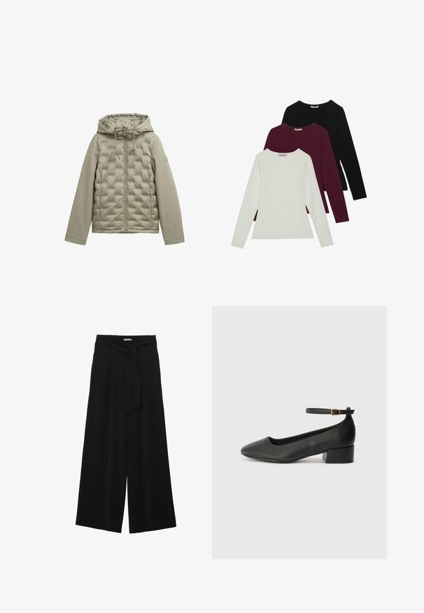 Svetlozelená prešívaná bunda s predným zipsom, kapucňou a prešívaným dizajnom. Hladká tkanina na rukávoch, sťahovacie šnúrky na kapucni a okrúhly detail loga.; Dlhé rukávy tričká v bielej, burgundskej a čiernej farbe. Vyrobené z jemného materiálu s okrúhlym výstrihom a priliehavým strihom. Vhodné na vrstvenie.; Čierne široké nohavice s textúrovanou tkaninou, elastickým pásom a odnímateľným viazaním na páse pre nastaviteľné priliehanie.; Čierne kožené lodičky s špicatou špičkou a nízkym blokovým podpätkom. Obsahuje remienok okolo členka so zlatým prackou. Hladký povrch.