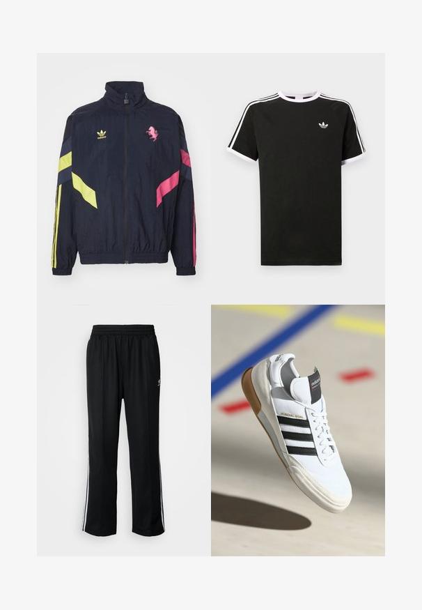 Marine blå vindjakke med høj krave, lynlås lukning og farverige detaljer i gul og pink. Inkluderer Adidas-logo og et pink grafik.; Sort t-shirt lavet af bomuld med hvide accenter. Har korte ærmer, raglan-design og et lille logo på brystet. Tre hvide striber på skuldrene.; Sorte træningsbukser med elastisk talje, der har hvide sidestænger og et lille logo. Materialet ser blødt og let ud.; Hvide Adidas Mundial Goal sneakers med sorte striber og gummisål, vist midt i luften over en sportsplads med farvede linjer.