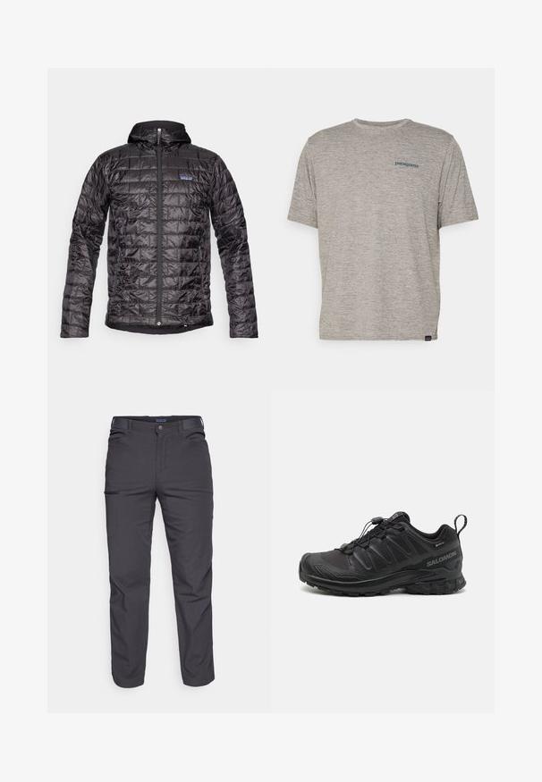 Črna izolirana jakna s kapuco, z izšitjem, sprednjim zadrgo in logotipom na levem prsnem delu. Vodoodporen material.; Siva majica s kratkimi rokavi iz mehkega, strukturiranega blaga, na levi strani prsnega dela z majhnim modrim logotipom Patagonia. Brez dodatnih vzorcev.; Temno sivi hlače iz trpežnega materiala, ki vsebujejo žep na zadrgo, ravno krojenje in zanke za pas za prilagodljivo prileganje.; Črne športne čevlje z teksturiranim sintetičnim zgornjim delom, oblazinjenim podplatom in sistemom hitrega vezanja. Imajo ojačano konico in peto.