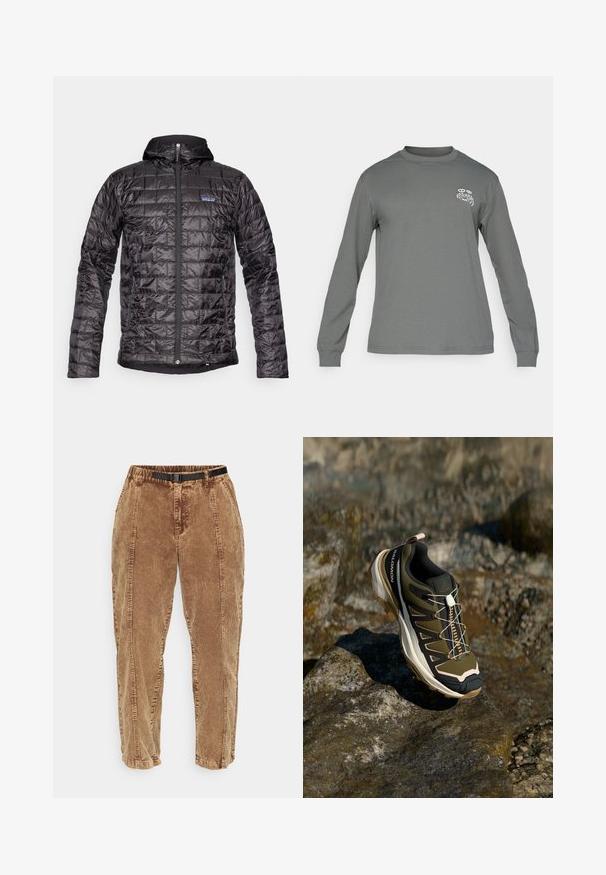 Juodas izoliacinis džemperis su gobtuvu, su siuvinėta medžiaga, priekiniais užtrauktukais ir logotipo akcentu kairėje krūtinės pusėje. Vandeniui atspari medžiaga.; Ilgaaulio marškiniai iš pilkos medžiagos, su apvalia kaklo iškirpte ir baltu grafiniu logotipu kairėje krūtinės pusėje. Lygi tekstūra ir paprastas dizainas.; Rudos korduroyo kelnės su tekstūruota paviršiumi, turinčios juodą reguliuojamą diržą, šonines kišenes ir laisvą siluetą. Kelnės siaurėja link kulkšnių.; Žygio batai olivų žalios ir juodos spalvos su rožiniais akcentais. Turi tekstūruotą viršutinę dalį, lankstų pado tipą, sustiprintą pirštų dalį ir spalvingą raištelių sistemą.