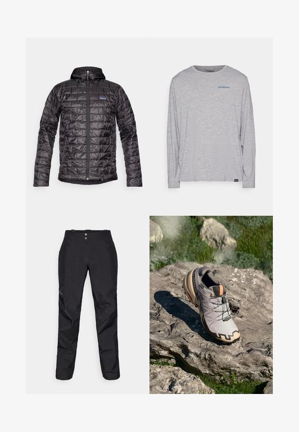 Juodas izoliacinis džemperis su gobtuvu, su siuvinėta medžiaga, priekiniais užtrauktukais ir logotipo akcentu kairėje krūtinės pusėje. Vandeniui atspari medžiaga.; Šviesiai pilka ilgomis rankovėmis marškinėliai, pagaminti iš minkštos, tekstūruotos medžiagos. Yra apvalus kaklas ir mažas mėlynas "Patagonia" logotipas krūtinėje.; Juodos vandeniui atsparios kelnės su lygia tekstūra, turinčios du priekiniai mygtukai ir siaurėjančio kirpimo dizainas. Akcentuota logotipu šone.; Šviesiai pilki bėgimo batai su smėlio spalvos akcentais, tekstūruota viršutinė dalis, juodos raišteliai ir ryškiai matomas protektorius ant padų. Yra prekės ženklo logotipas.