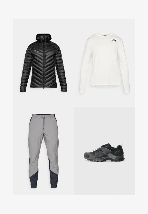 Fekete puffkabát chevron mintával, cipzáros záródással és kapucnival. Jellemzője a mellkason lévő logó és a struktúrált, fényes anyag.; Fehér, hosszú ujjú póló kerek nyakkal, textúrált anyagból, fekete logóval a bal vállon, és diszkrét márkajelzéssel az alján.; Könnyű, szürke sportnadrág fekete részletekkel. Rugalmas derékpánt, zsinóros zárás, szabott lábszár kialakítás és oldalsó zsebek.; Fekete terepfutó cipő tartós hálós felsőrésszel, megerősített orr résszel, texturált gumitalppal és rugalmas fűzőrendszerrel a biztonságos illeszkedés érdekében.