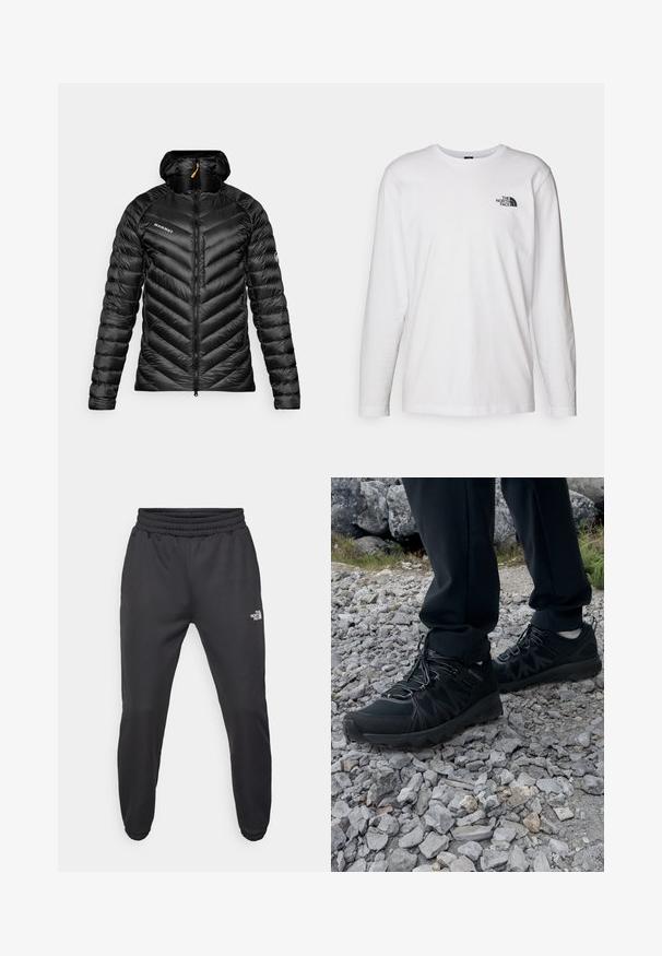 Black puffer jacket with a chevron design, zip closure, and a hood. Features a branding logo on the chest and textured, glossy fabric.; White long-sleeve T-shirt made of cotton with a crew neck. Features a small black logo on the chest. Smooth texture, regular fit.; Black sweatpants with a drawstring waist, tapered fit, elastic cuffs, and a small white logo on the left thigh, made from smooth fabric.; Black outdoor shoes with mesh and synthetic material, featuring a textured upper, secured lacing system, and a rugged outsole, on rocky terrain.