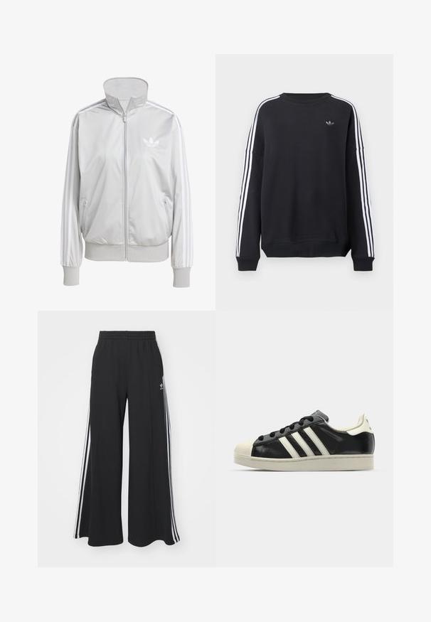 Helehall hallitusjakker, millel on kõrge krae, kaks külge taskut ja valged kolm triipu varrukatel. Rinnal on tikandiga logo.; Mustad dressipluus pikkade varrukatega, valged triibud jooksevad mõlemal käel alla ning rinnal väike hall logo. Puuvillane materjal, igapäevane lõige.; Mustad laiad trenni püksid elastse vöökohtaga, millel on valged küljeribad ja tikitud logo vasakul reiel.; Must have nahkased mustad tossud valgete triipudega, kummist varbakattega, mustade paeltega ja kreemika värvusega tallaga. Sile tekstuur ja läikiv viimistlus.