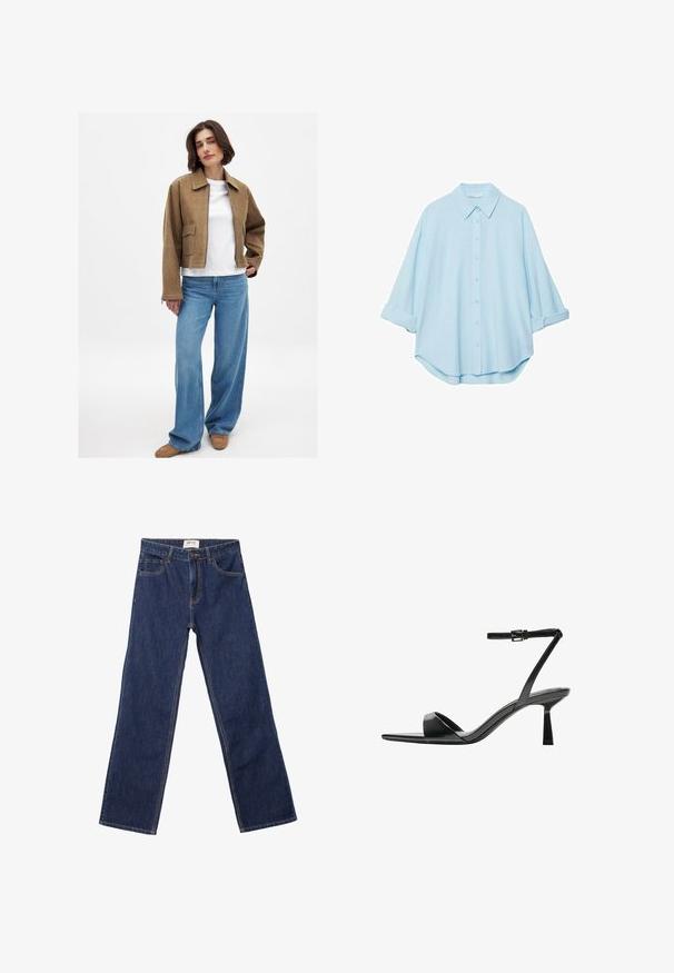 Giacca corta in suede marrone con colletto a punta, camicia bianca sotto, jeans in denim blu larghi e calzature beige. Dettagli di cucitura semplici visibili.; Camicia azzurra realizzata in un tessuto morbido, con colletto classico, chiusura a bottoni sul davanti e maniche arrotolate per un fit rilassato.; Jeans dritti blu scuro con tasche frontali, passanti per cintura e chiusura con bottone.; Bershka Sandali con tacco - black