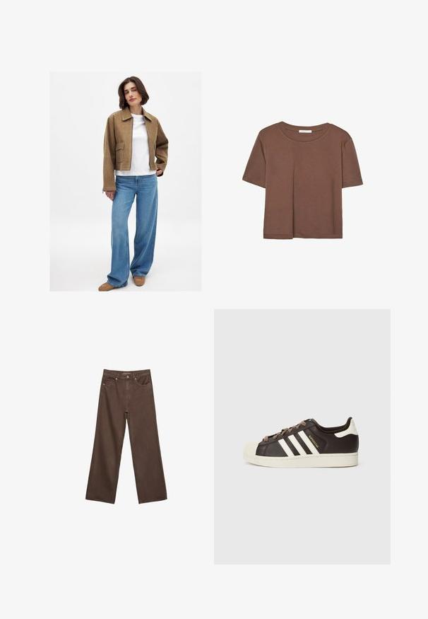 Brązowa zamszowa krótka kurtka z wyrazistym kołnierzem, biała koszula pod spodem, luźne niebieskie dżinsy i beżowe obuwie. Widoczne proste detale szycia.; Brązowa koszulka z krótkim rękawem, wykonana z miękkiego materiału, z okrągłym dekoltem i luźnym krojem. Brak widocznych wzorów lub akcentów.; Szerokie brązowe dżinsy wykonane z denimu, z wysokim stanem, przednimi kieszeniami i klasycznym zapięciem na guzik. Gładka faktura z subtelnym przeszyciem.; Niskie trampki Adidas Superstar z ciemnobrązowej skóry z kremowym noskiem w kształcie skorupy, białymi paskami i napisem „Superstar” po boku.