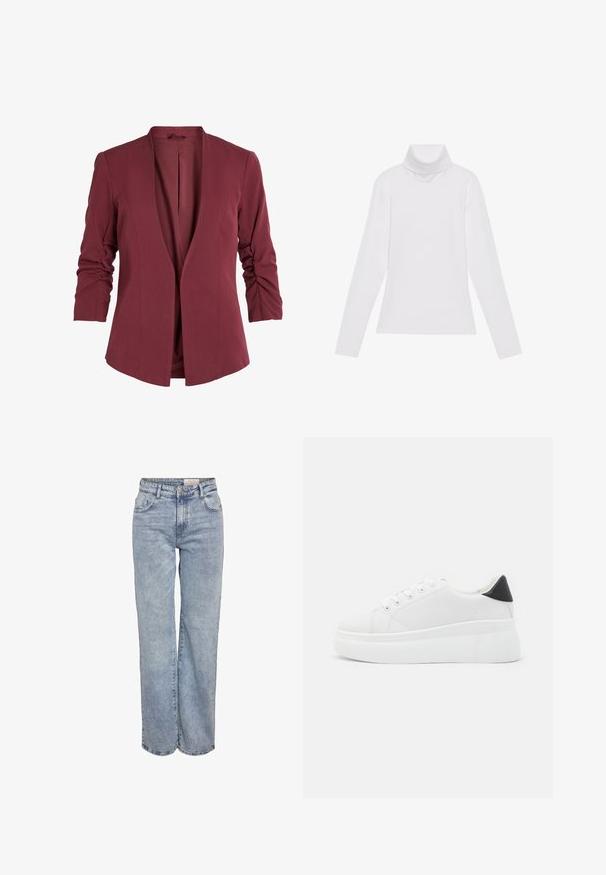 Bordowa marynarka z kołnierzem szalowym, rękawami do połowy przedramienia z marszczeniami oraz czystym, otwartym przodem. Gładka faktura materiału.; Biała bluzka z długim rękawem i golfem, wykonana z gładkiego, elastycznego materiału. Posiada wysoki kołnierz i dopasowany krój, bez widocznych wzorów czy zdobień.; Jasnoniebieskie dżinsy z szerokimi nogawkami, wykonane z denimu, z wysokim stanem, pięciowgzianą konstrukcją i subtelnym wyblaknięciem, dającym wrażenie noszonych.; Białe sneakersy na platformie wykonane z gładkiego materiału syntetycznego, z zaokrąglonym noskiem, sznurowanym zapięciem i teksturowaną gumową podeszwą. Czarne akcenty na pięcie.