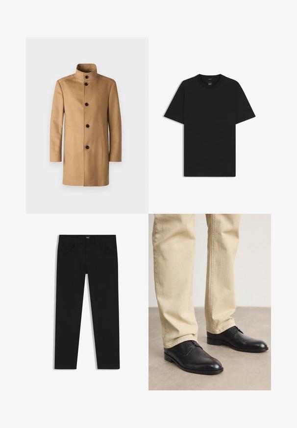 JOOP! MARON - Klassisk frakke - rust/copper; Sort kortærmet T-shirt lavet af en glat bomuldsblanding, med en rund halsudskæring og et minimalistisk design uden mønstre eller accenter.; Sorte denimbukser med lige pasform, der har en standard talje, fem lommer og en knaplukning. Glat struktur over det hele.; Sorte læder snørebåndssko med rund tå, glat finish og diskrete syninger, båret med lyse beige bukser.