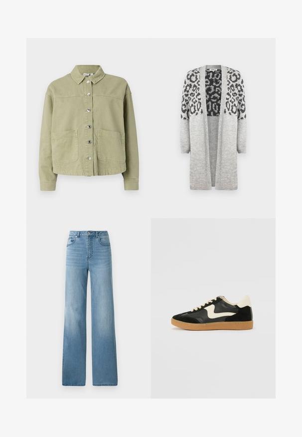 Lys grøn, bomuldsjakke med krave, knaplukning foran, to brystlommer og lange ærmer. Glat tekstur med en afslappet pasform.; Grå strikket cardigan med lange ærmer og åben front. Har et sort leopardprintdesign på den øvre del. Blød tekstur.; Hvid ærmeløs tanktop lavet af ribbet stof, med en rund halsudskæring og en tætsiddende silhuet, med minimale sømme og ingen pynt.; Lyseblå højtaljede jeans med lige ben. Fremstillet af denim, med fem lommer og knaplukning.; Sorte ruskinds- og lædersneakers med en cremefarvet side-swoosh og lys cremefarvet hæl. Har beige snørebånd og en gummirubber-sål.
