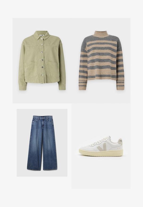 Chaqueta de algodón verde claro con cuello, cierre de botones en la parte delantera, dos bolsillos en el pecho y mangas largas. Textura suave con un diseño de corte relajado.; Suéter de punto a rayas en colores gris y beige, con cuello alto, mangas anchas con puños, y un corte relajado con un diseño recortado.; Jeans de mezclilla azul de pierna ancha con un acabado desgastado, que cuentan con un cierre de botón y cremallera, cinco bolsillos y cinturas.; Zapatilla de piel blanca con acentos de ante beige, caja de puntera perforada, cordones planos y suela texturizada en color crema. Cuenta con un branding sutil en el talón.