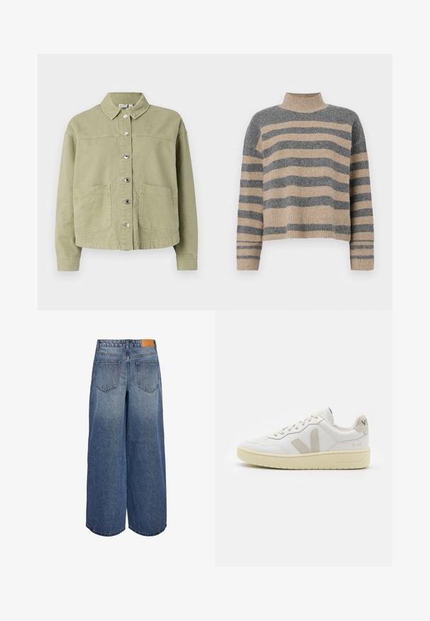 Hellgrüne Baumwolljacke mit Kragen, Knopfleiste, zwei Brusttaschen und langen Ärmeln. Glatte Textur mit einem lässigen Schnitt.; Gestreifter Strickpullover in Grau- und Beigetönen, mit hohem Kragen, breiten Bündchen an den Ärmeln und einer lockeren Passform im verkürzten Design.; Weite Denim-Culottes in mittlerem Blauton mit einer ausgewaschenen Textur, ausgestattet mit zwei Gesäßtaschen und einem braunen Leder-Logoschild am Bund.; Weiße Ledersneaker mit beigen Wildlederakzenten, perforierte Zehenbox, flache Schnürsenkel und eine strukturierte cremefarbene Sohle. Mit dezentem Branding an der Ferse.