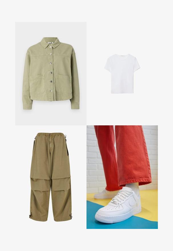 Light green, cotton jacket with a collar, button front, two chest pockets, and long sleeves. Smooth texture with a relaxed fit design.; White short-sleeve t-shirt made of soft fabric. Features a round neckline and a simple, clean design with a straight hemline.; Tan cargo pants with an elastic waist, large front pockets, and adjustable cuffs. Made of lightweight fabric with a smooth texture.; White leather sneaker with perforated toe box, textured sole, and white laces, paired with wide red pants and a blue and yellow background.