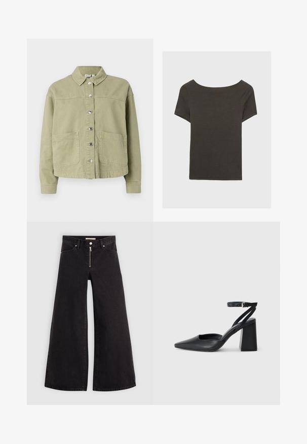 Lys grøn, bomuldsjakke med krave, knaplukning foran, to brystlommer og lange ærmer. Glat tekstur med en afslappet pasform.; Mørkegrå kortærmet top med bådudskæring. Lavet af ribbet stof, med en afslappet pasform og en ren kant. Enkelt design, ingen mønstre.; Vide ben jeans i sort denim med lynlås foran, fem lomme-design og subtile stikninger. Glat tekstur og afslappet stil.; Sort læder spidse pumps med ankelrem og en chunky hæl. Flad tekstur, slankt design og minimalistisk æstetik.