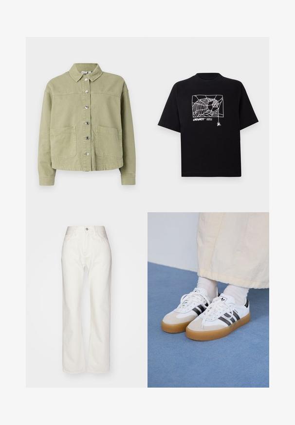 Chaqueta de algodón verde claro con cuello, cierre de botones en la parte delantera, dos bolsillos en el pecho y mangas largas. Textura suave con un diseño de corte relajado.; Camiseta negra de algodón con mangas cortas. Presenta un gráfico de telaraña blanca y un logo en la parte frontal. Cuello redondeado simple.; Pantalones de mezclilla blanca con una alta cintura y un ajuste de pierna ancha. Presenta un cierre de botón y cremallera, presillas para cinturón y detalles de costura sutil.; Zapatillas blancas con rayas negras y acentos de ante beige. Cuentan con una suela de goma texturizada y cordones blancos planos, usadas con calcetines de color claro.