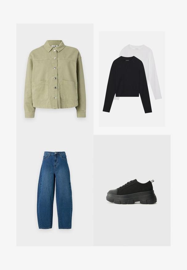 Lys grønn, bomullsjakke med krage, knapplukking, to brystlommer og lange ermer. Glatt tekstur med avslappet passform.; To lange ermerte skjorter: en svart og en hvit. Begge har rund hals, raglanermer og er laget av en myk bomullsblanding.; Denimjeans i en middels blå vask, med høy midje, vide ben og standard fem-roms design med synlige sømdetaljer.; Svarte sneakers med en kraftig gummisåle, teksturert stoffoverdel, rund tå og snøring. Har forsterkede snørehull og bakre trekkstang.
