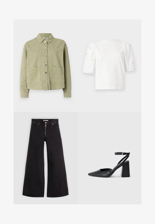 Lys grøn, bomuldsjakke med krave, knaplukning foran, to brystlommer og lange ærmer. Glat tekstur med en afslappet pasform.; Hvid bomulds t-shirt med korte puffærmer, med små sølv detaljer langs ærmerne. Klassisk rund halsudskæring, afslappet pasform.; Vide ben jeans i sort denim med lynlås foran, fem lomme-design og subtile stikninger. Glat tekstur og afslappet stil.; Sort læder spidse pumps med ankelrem og en chunky hæl. Flad tekstur, slankt design og minimalistisk æstetik.