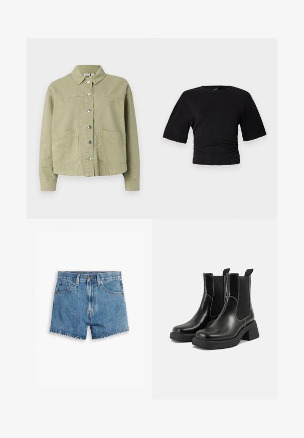 Világoszöld, pamut dzseki álló gallérral, gombos előlappal, két mellzsebbel és hosszú ujjal. Simaságú anyag, laza szabású dizájn.; Gina Tricot SOFT TOUCH RUCHED TEE - Basic póló - black; Világoskék farmer rövidnadrág, öt zsebbel, cipzáros megoldással és gombos záródással. A szegélyt megkoptatták, és laza szabású dizájn jellemzi.; Fekete bőr Chelsea csizmák masszív sarkakkal, rugalmas oldalsó panelekkel és kontrasztos fehér varrással. Texturált felület.