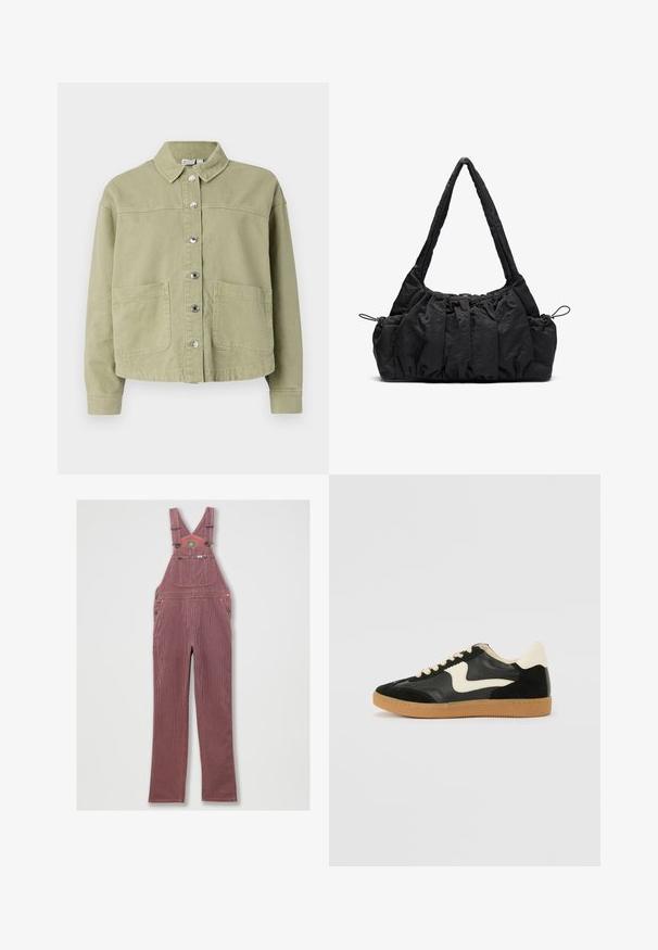 Light green, cotton jacket with a collar, button front, two chest pockets, and long sleeves. Smooth texture with a relaxed fit design.; Crop top in off-white knit material. Long sleeves with ribbed texture and small cut-out details around the neckline.; Red-striped denim overall with adjustable shoulder straps, large front pocket, and side pockets. Features metal hardware and a stitched hem.; Black suede and leather sneaker with a cream side swoosh and light cream heel. Features beige laces and a gum rubber outsole.; Black fabric handbag with gathered texture, two shoulder straps, and drawstring closure on sides. Smooth, lightweight material.