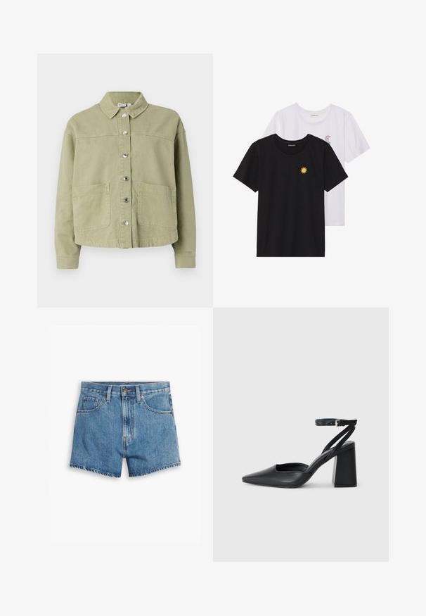 Lys grøn, bomuldsjakke med krave, knaplukning foran, to brystlommer og lange ærmer. Glat tekstur med en afslappet pasform.; Sort og hvid T-shirt, rund hals, korte ærmer. Den sorte skjorte har gult solbroderi; den hvide har lilla halvmåne-accent.; Denim shorts i lyseblå, med fem lommer, lynlås og knappelukning. Kanten er tattered med et afslappet fit design.; Sort læder spidse pumps med ankelrem og en chunky hæl. Flad tekstur, slankt design og minimalistisk æstetik.