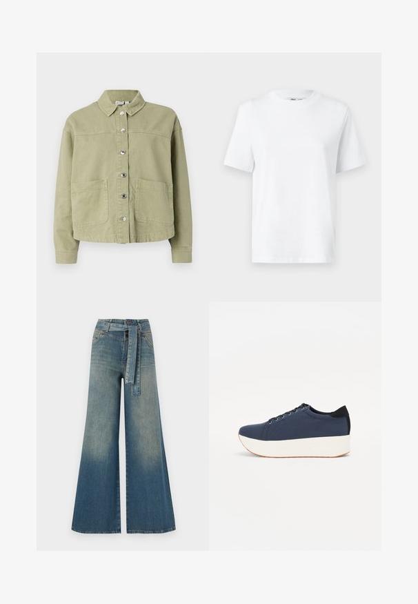 Jachetă din bumbac verde deschis, cu guler, închidere cu nasturi, două buzunare pe piept și mâneci lungi. Textură netedă și design confortabil.; Tricou alb din bumbac, cu guler rotund, cu mâneci scurte și o textură netedă. Proiectat cu o croială lejeră pentru confort și versatilitate.; Pantaloni din denim largi, cu un gradient de la albastru deschis la albastru închis, talie înaltă, bucle pentru curea și o curea din același material. Finisaj texturat din denim.; Sneaker albastru închis, cu un material texturat pe partea superioară, talpă platformă albă, vârf rotunjit și accent de călcâi negru. Dispune de șase găuri pentru șireturi.