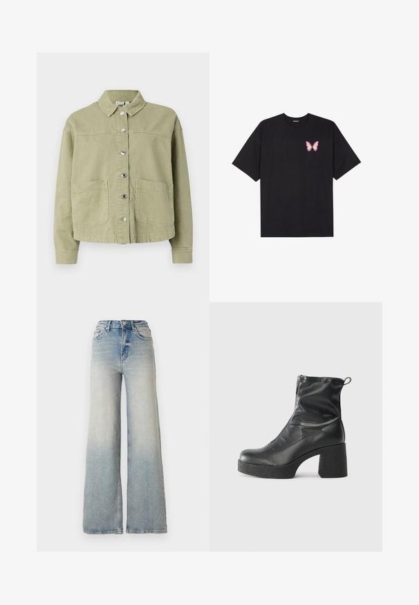 Lys grøn, bomuldsjakke med krave, knaplukning foran, to brystlommer og lange ærmer. Glat tekstur med en afslappet pasform.; Sort bomulds T-shirt med korte ærmer, prydet med en lille pink sommerfugl grafik på venstre bryst. Rund hals design med en afslappet pasform.; Lyseblå vid jeans lavet af denim, med høj talje, fem lommer og synlige sømme langs sømmene.; Sorte ankelstøvler lavet af glat læder, med en sidelukning, kraftig struktureret hæl og rundt tådesign.
