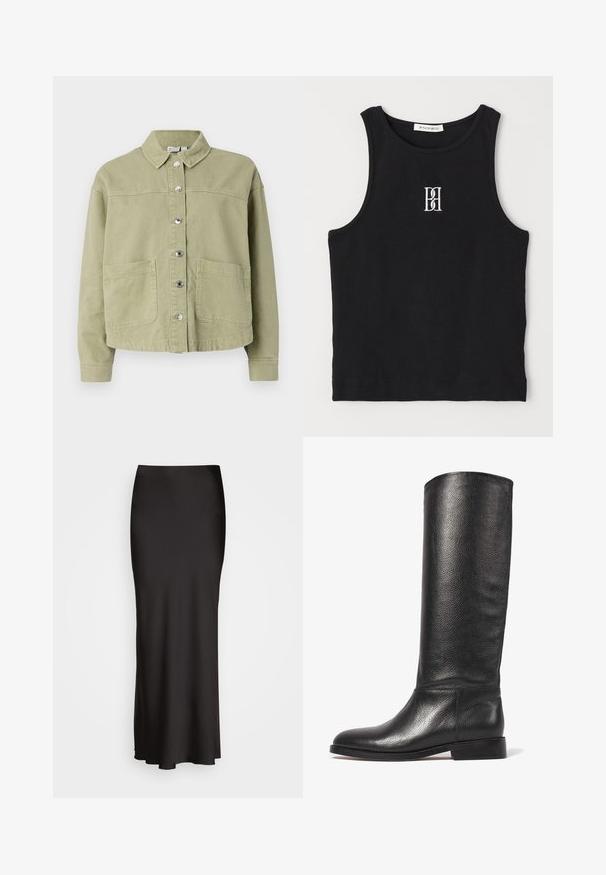 Šviesiai žalias medvilninis švarkas su apykakle, mygtukų uždarymu, dviem krūtinės kišenėmis ir ilgomis rankovėmis. Lygus audinys ir laisvo kirpimo dizainas.; Juodas raštuotas lieknas marškinėliai su apvalia iškirpte ir balta siuvinėta logotipu. Medžiaga yra glotni su pritaikytu siluetu.; Juodas, grindų ilgio satino sijonas su lygiu paviršiumi, prigludusia juosmens juosta ir A formos siluetu, neturintis matomų dekoracijų ar raštų.; Kelio ilgumo juodos odos batai su tekstūruota danga, apvalia nosimi, lygiu auliuku ir žemu stambiu kulnu. Minimalistinis dizainas, jokių matomų detalių.