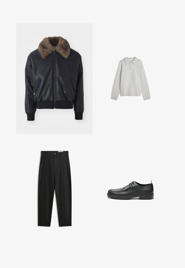 Giacca bomber in pelle nera con colletto in pelliccia sintetica, polsini e orlo a coste, e due tasche anteriori con zip. Tessuto liscio, design elegante.; Pullover grigio a maglia con colletto, tre bottoni frontali e orlo a costine. Il tessuto sembra morbido e strutturato, con una vestibilità rilassata.; Pantaloni in cotone neri con una vestibilità rilassata, dotati di una vita classica, pieghe frontali e tasche laterali. Tessuto liscio senza fantasie.; Scarpe in pelle nera con finitura liscia, punta tondeggiante e cuciture decorative. Presentano una suola in gomma con scanalature per la trazione e un design con lacci.