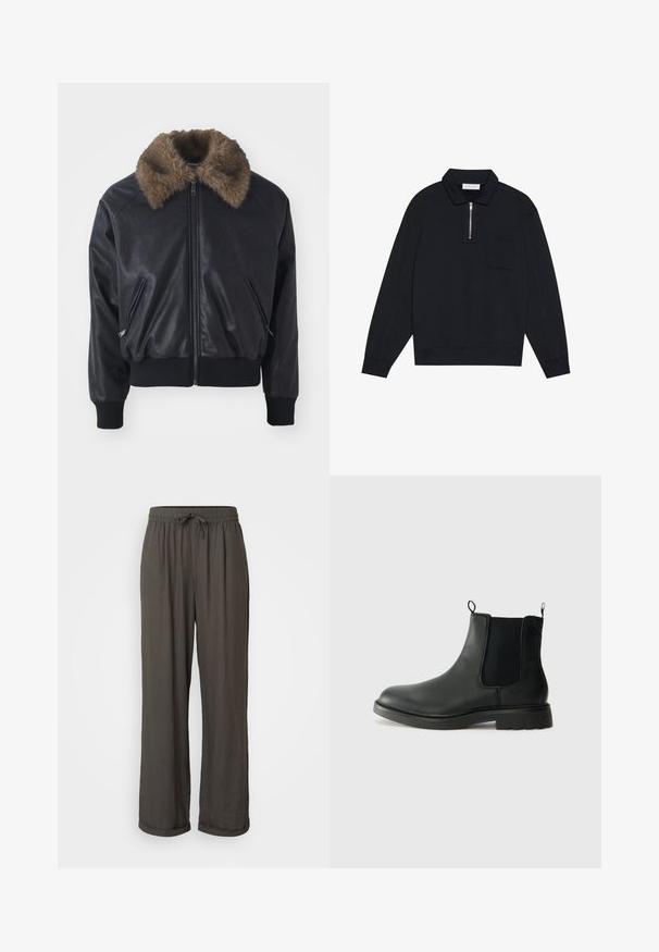 Black leather bomber jacket with a faux fur collar, ribbed cuffs and hem, and two front zippered pockets. Smooth texture, sleek design.; Pier One Sweatshirt - black; Dark gray wide-leg pants with a drawstring waist, made of a soft, textured fabric, featuring rolled cuffs at the ankles.; Black leather chelsea boots with elastic side panels, pull tabs, rounded toe, and textured rubber sole. Smooth surface and sturdy design.