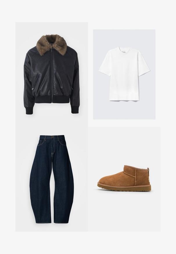 Črna usnjena bomber jakna z umetnim krznom na ovratniku, rebrastimi manšetami in robom ter dvema sprednjima žepoma na zadrgo. Gladi tekstura, eleganten dizajn.; Ravna bela kratka majica s kratkimi rokavi in ohlapnim krojem, položena na svetlo sivi podlagi.; Temno modri kavbojki širokega kroja, z izrazitim šivanjem, petimi žepi in zaponko iz messing na pasu.; Tanen semiš škornji do gležnjev z zaobljenim nosom, subtilnimi šivi in teksturirano gumijasto podplatom. Kratka višina brez vezalk.