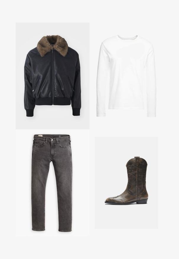 Svart skinn bomberjakke med faux pels krage, ribbestrikkede mansjetter og nederkant, samt to frontlommer med glidelås. Glatt tekstur, stilleggende design.; Langermet hvit t-skjorte laget av myk bomull. Rund hals med rette skjæringer og uten synlige mønstre eller grafikker.; Grå denim jeans med rett snitt, fem-lommer design og knappestropp. Har subtil blekning og tonalt stikk overalt.; Brune lær cowboy støvler med høy skaft, spiss tå, intrikate broderimønstre og en liten hæl. Teksturert finish overalt.