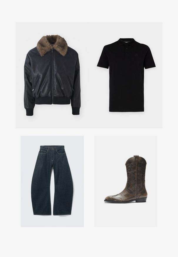 Giacca bomber in pelle nera con colletto in pelliccia sintetica, polsini e orlo a coste, e due tasche anteriori con zip. Tessuto liscio, design elegante.; Polo nero con maniche corte, realizzato in tessuto morbido. Presenta un collo classico e una chiusura a tre bottoni, con un logo discreto sul petto.; Jeans a gamba larga di colore blu scuro realizzati in denim, con cinque tasche, cuciture visibili, chiusura con bottoni e rifinitura pulita.; Stivale da cowboy in pelle marrone con gambale alto, punta affusolata, motivi di cucitura intricati e tacco basso. Finitura testurizzata in tutto lo stivale.