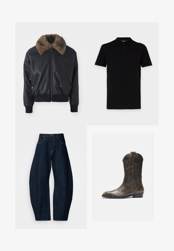 Veste bomber en cuir noir avec un col en fausse fourrure, des poignets et un ourlet côtelés, et deux poches zippées sur le devant. Texture lisse, design élégant.; Polo-shirt noir à manches courtes, fabriqué dans un tissu lisse. Doté d'un col classique et d'une patte de boutonnage à trois boutons, avec un logo discret sur la poitrine.; Jean en denim bleu foncé avec une coupe large, doté de coutures visibles, de cinq poches et d'une fermeture à bouton en laiton à la taille.; Botte de cow-boy en cuir marron avec un long tige, un bout pointu, des motifs de couture complexes et un petit talon. Finition texturée tout au long.