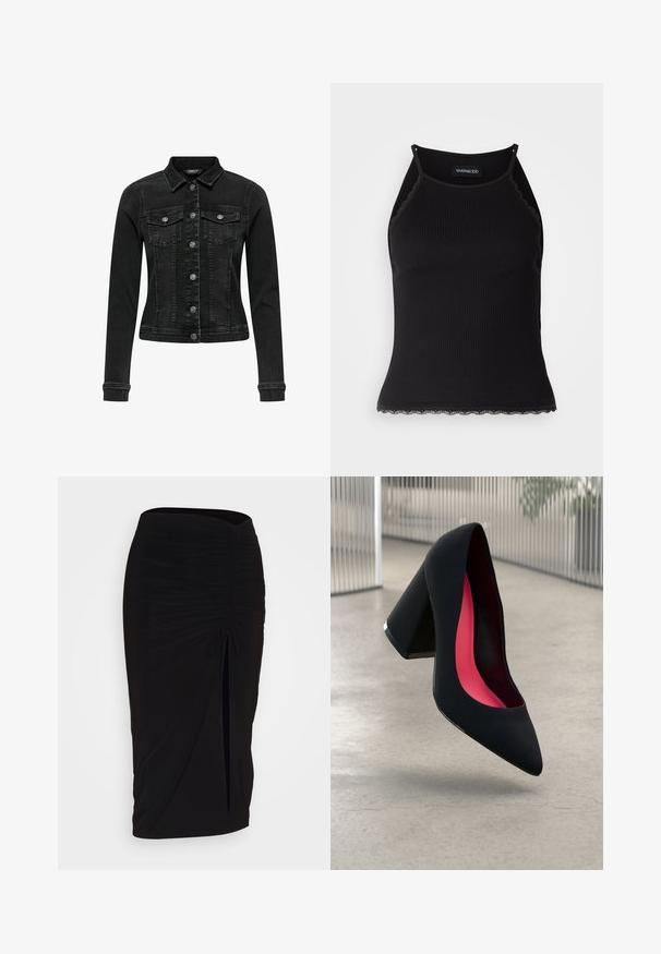 Must mustrakk musthülsiga, nupuga kinnitamine, kaks rinna taskut ja väga sobiv disain. Omab klassikalist kraed ja õrna kulumist.; Must mustriba top musta servadega äärega. Omab peeneid rihmu ja istuvat disaini. Valmistatud venivast kangast.; Mustast, rikutud pliiatsiseelik sidumisdetailiga ja küljes lahtise lõhenemisega. Valmistatud venivast kangast, millel on sile tekstuur ja keha lähedane lõige.; Mustad must kõrged kontsad, terava ninaga, tekstuurse pinnaga ning erksa roosa sisemusega. Omab paksu kontsa koos hõbedase aktsendiga.