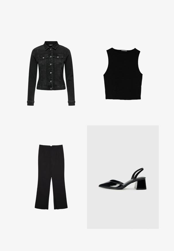Mustat farkkutakit, joissa on pitkät hihat, nappikiinnitys, kaksi rintataskua ja tiukka muotoilu. Sisältää klassisen kauluksen ja hienovaraisia haalistumia.; Musta hihaton crop-top, joka on valmistettu sileästä kankaasta, jossa on pyöreä kaula-aukko ja siisti, yksinkertainen muotoilu ilman kuvioita tai varusteita.; Mustat housut suoralinjaisella leikkauksella, joissa on etutaskut ja sivurei'ät helman alla. Valmistettu pehmeästä ja sileästä kankaasta. Sopii eri tilaisuuksiin.; Mustat patentoitu nahkakengät, joissa on säären takaosa ja terävä kärki, sekä geometrinen palikkakorko. Sisältää tyylikkään, minimalistisen muotoilun ja sileän pinnan.