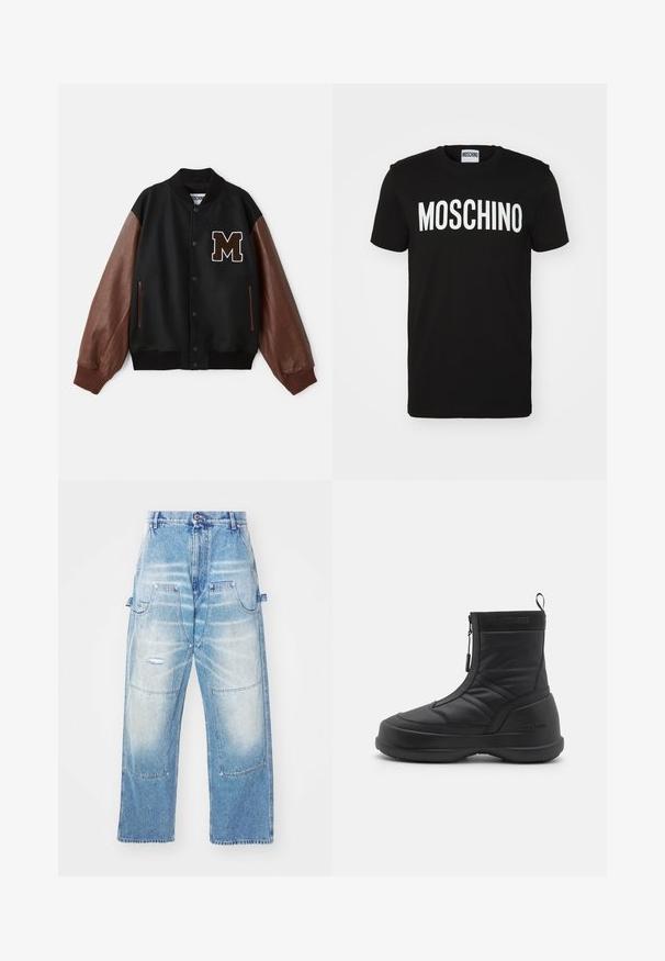 Black varsity jacket with brown leather sleeves, ribbed cuffs, and an "M" patch on the chest. Features snap button closure and side pockets.; Black cotton t-shirt featuring bold white "MOSCHINO" text across the front; crew neck and short sleeves. Simple design, classic fit.; Light blue denim pants with a loose fit, featuring multiple pockets, distressed details, and a faded finish. Straight leg design.; Black waterproof snow boot with a smooth synthetic upper, zip closure, padded collar, and textured rubber sole. Accented with "MOON BOOT" branding.