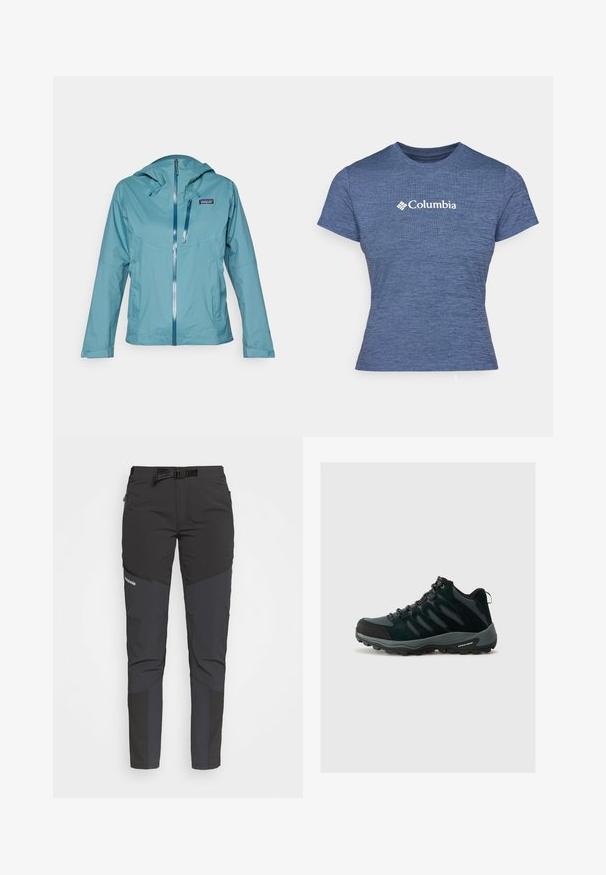 Lyseblå, vannavvisende jakke med hette, frontlomme og to sidelommer. Glatt tekstur og lett stoff med et minimalistisk design.; Blå kortermet t-skjorte laget av teksturert stoff, med en hvit Columbia-logo på brystet, rund hals og tettsittende design.; Svart og mørkegrå utendørsbukser med en tettsittende design, elastisk liv og glidelåslommer. Har forsterkede knær og strekkbart materiale.; Columbia REDMOND - Fjellsko - black/citron haze