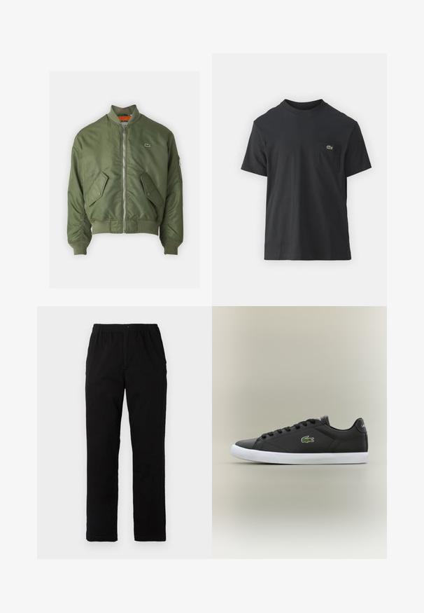Olivno zelena bomberska jakna z zadrgo na sprednji strani, rebrastimi manšetami in dvema sprednjima žepoma. Ima majhen logotip na levem prsnem delu in kontrastno podlogo.; Črna bombažna majica s kratkimi rokavi, okroglo ovratnikom in majhnim zelenim logotipom na levem žepu. Preprost dizajn, redna prileganje.; Črne hlače iz mešanice bombaža, s ravnim krojem, elastičnim pasom z gumbom in brez vidnih vzorcev ali akcentov.; Črne usnjene superge z belo gumijasto podplatom, z zelenim krokodiljim logotipom in okroglimi vezalkami, elegantna zasnova z gladko teksturo.
