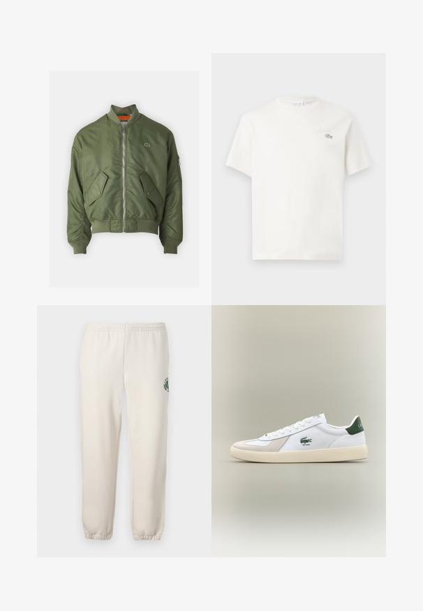 Olivovo zelená bomber bunda so zipsom vpredu, rebrovanými manžetami a dvoma prednými vreckami. Má malé logo na ľavom prsníku a kontrastnú vnútornú podšívku.; Biela bavlnená tričkovo s krátkymi rukávmi, s jemne vyšitým logom a minimalistickým dizajnom. Mäkká textúra, okrúhly výstrih.; Svetlo béžové tepláky z bavlny s elastickým pásom, rebrovanými manžetami a zeleným logom s dizajnom listu na ľavej nohe.; Biele tenisky s zelenými akcentmi, vyrobené z semišu a kože, s guľatou špičkou, textúrovanou podrážkou a vyšitým logom na boku a jazyku.